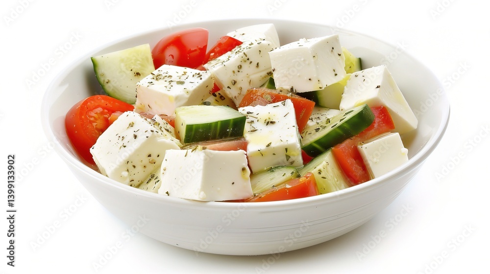 An inviting Greek salad is attractively presented. The Greek salad, a classic Mediterranean dish, features a vibrant combination of fresh ingredients An inviting Greek salad is attractively presented. The Greek salad, a classic Mediterranean dish, features a vibrant combination of fresh ingredients