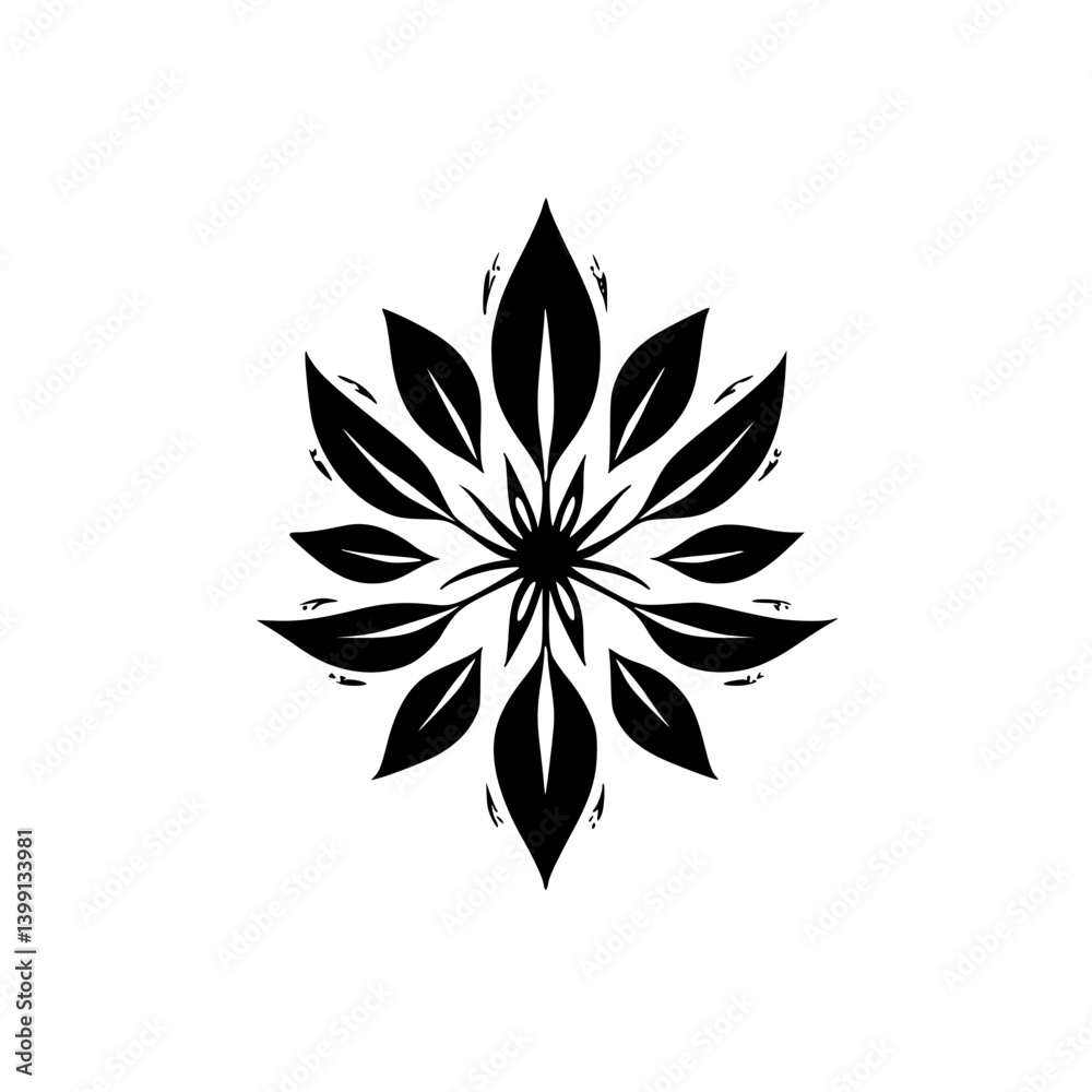 Stylized Floral Design: Black Leaf Mandala on White Background Stylized Floral Design: Black Leaf Mandala on White Background