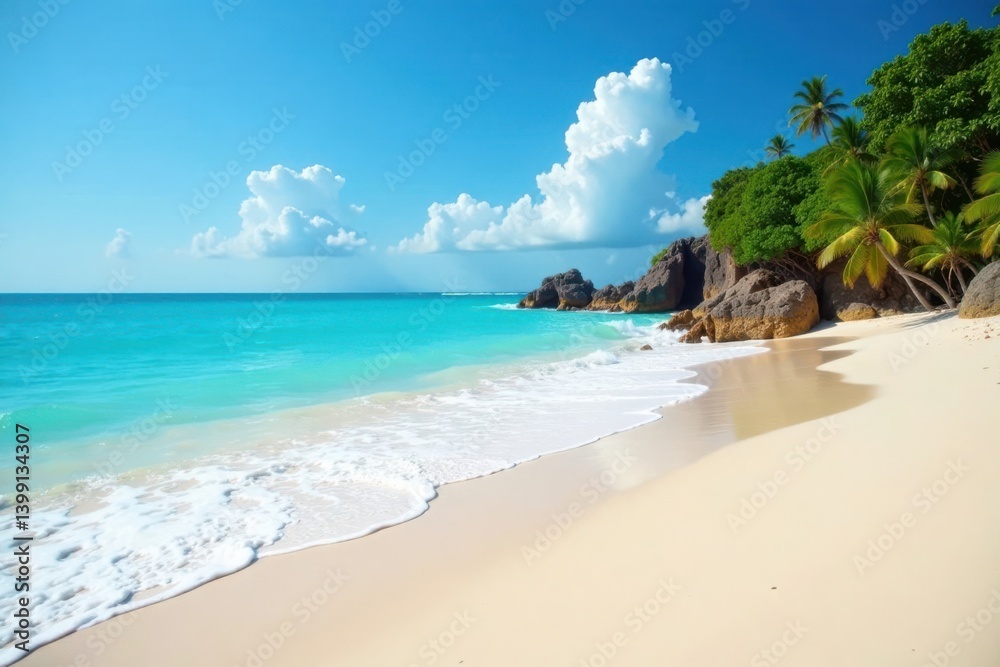Fototapeta premium Turquoise ocean waves gently lap at the shore of a pristine sandy beach under a bright blue sky , beach, paradise