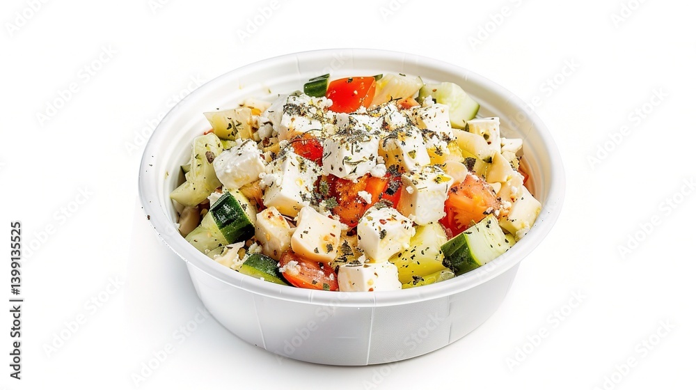 An inviting Greek salad is attractively presented. The Greek salad, a classic Mediterranean dish, features a vibrant combination of fresh ingredients An inviting Greek salad is attractively presented. The Greek salad, a classic Mediterranean dish, features a vibrant combination of fresh ingredients