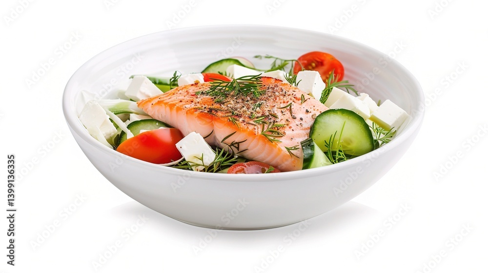An inviting Greek salad is attractively presented. The Greek salad, a classic Mediterranean dish, features a vibrant combination of fresh ingredients An inviting Greek salad is attractively presented. The Greek salad, a classic Mediterranean dish, features a vibrant combination of fresh ingredients