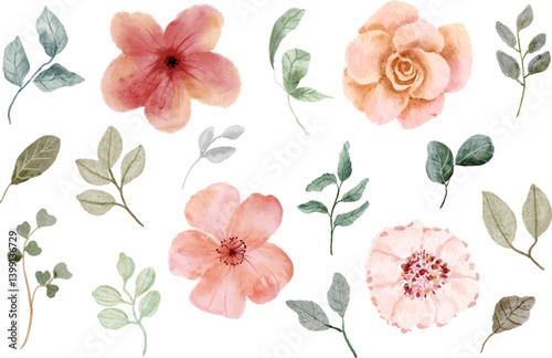 set of peach pink floral watercolor