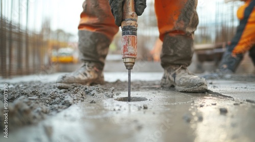 A construction site worker drilling holes for anchor bolts in a concrete slab. Featuring technical skills and precision