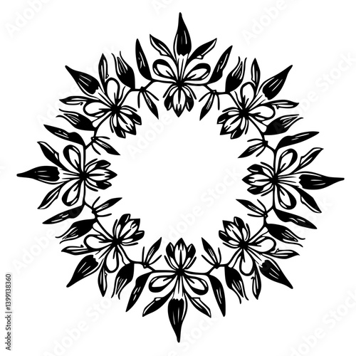 Elegant Floral Frame in Black and White, Ink Drawing