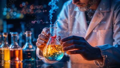 scientist conducts experiment with colorful liquids laboratory, showcasing innovation