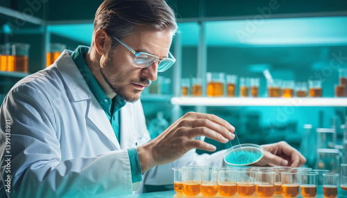 scientist carefully examines petri dish laboratory filled with colorful liquids, showcasing