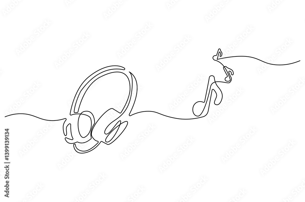 Obraz premium Continuous one line drawing of Headphones with music note. Single line drawing illustration of musical notes and headphones for web design. Music concept vector art. Doodle line illustration.