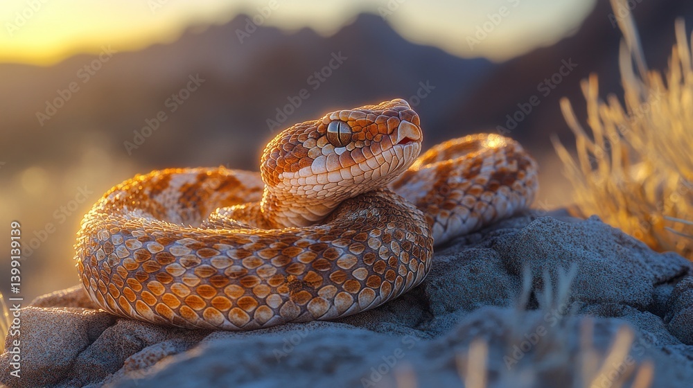 Fototapeta premium Golden Hour Serpent: A Desert Rattlesnake Basking in the Sunset's Glow