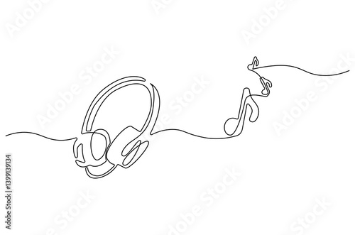 Continuous one line drawing of Headphones with music note. Single line drawing illustration of musical notes and headphones for web design. Music concept vector art. Doodle line illustration.