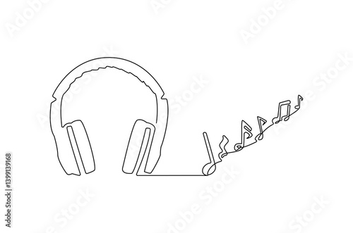 Continuous one line drawing of Headphones with music note. Single line drawing illustration of musical notes and headphones for web design. Music concept vector art. Doodle line illustration.