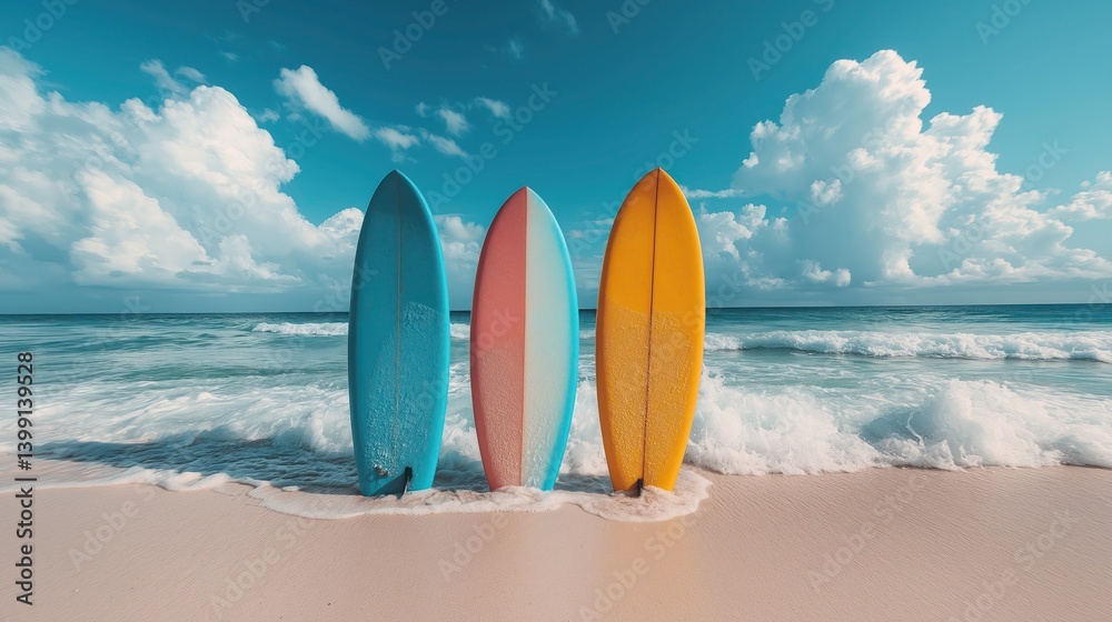 : vibrant surfboards on white sand beach inviting surfers under clear blue sky and rolling ocean waves
: vibrant surfboards on white sand beach inviting surfers under clear blue sky and rolling ocean waves