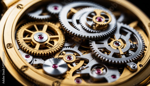 Intricate watch mechanism with golden gears and silver components, showcasing craftsmanship