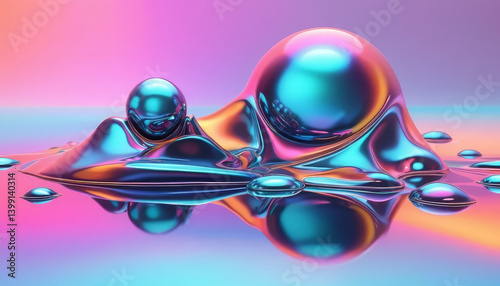 Colorful abstract liquid with shiny spheres and smooth surfaces reflecting light