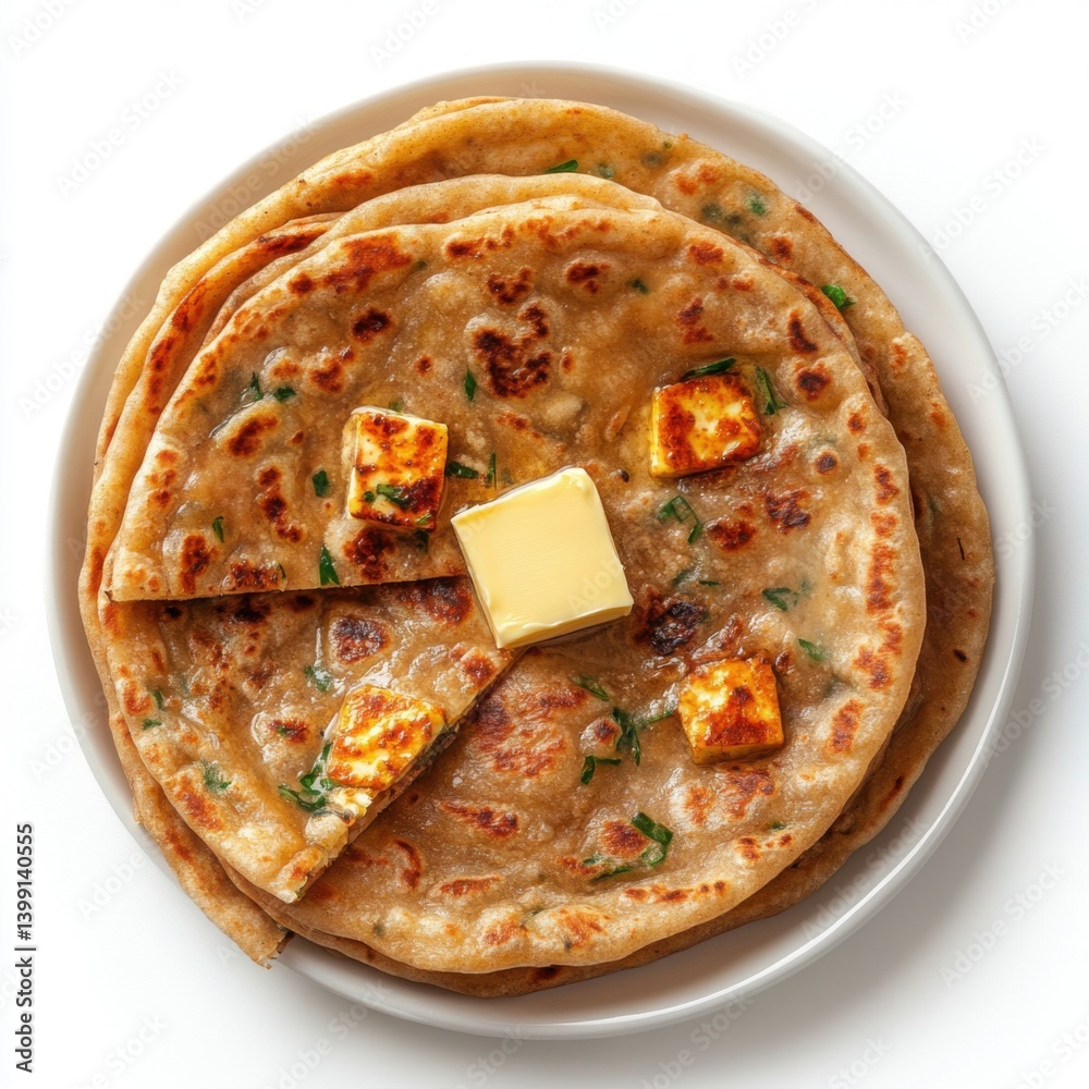 A top view of a plate of paneer paratha with butter, isolated on a white background