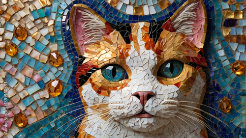 Mosaic art of tricolor calico cat with vibrant blue eyes and intricate details