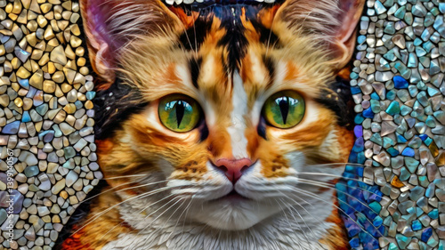 vibrant tricolor calico cat with striking green eyes, surrounded by mosaic background
