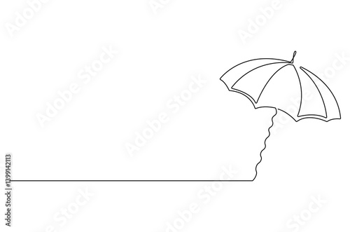 Continuous one line drawing of opened umbrella. Single line drawing illustration of umbrella proction for rain and uv. Summer holiday concept vector art. Doodle line illustration.
