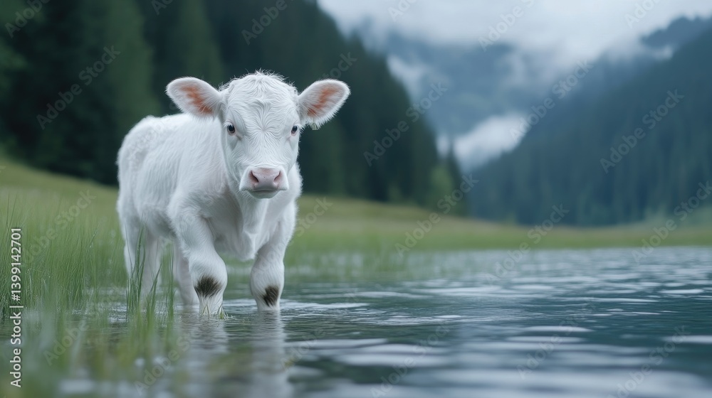 Obraz premium Cute calf in alpine lake