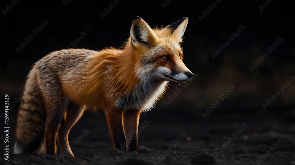 Fototapeta premium Red fox stands alert against a dark, textured background, highlighting its vibrant fur and focused gaze.