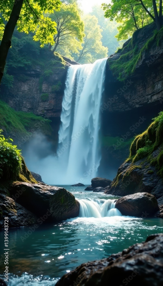 Naklejka premium Waterfall with layered foliage, green, gradient