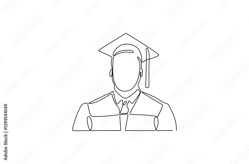 Continuous one line drawing of young man with happy graduation. Single line drawing illustration of a person use graduate uniform. Graduation day concept vector art. Doodle line illustration. Continuous one line drawing of young man with happy graduation. Single line drawing illustration of a person use graduate uniform. Graduation day concept vector art. Doodle line illustration.