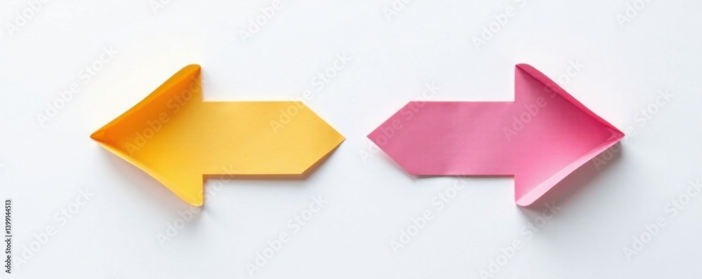 Two parallel paper arrows pointing in opposite directions on a minimalist white surface, paper, symbols, arrows Two parallel paper arrows pointing in opposite directions on a minimalist white surface, paper, symbols, arrows
