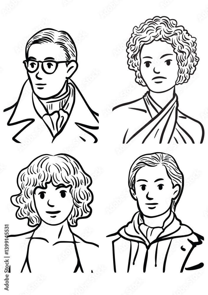Character Sketch Compilation: A set of four stylish character sketches. Each illustration features a unique individual, captured with simple yet expressive line art. Character Sketch Compilation: A set of four stylish character sketches. Each illustration features a unique individual, captured with simple yet expressive line art.