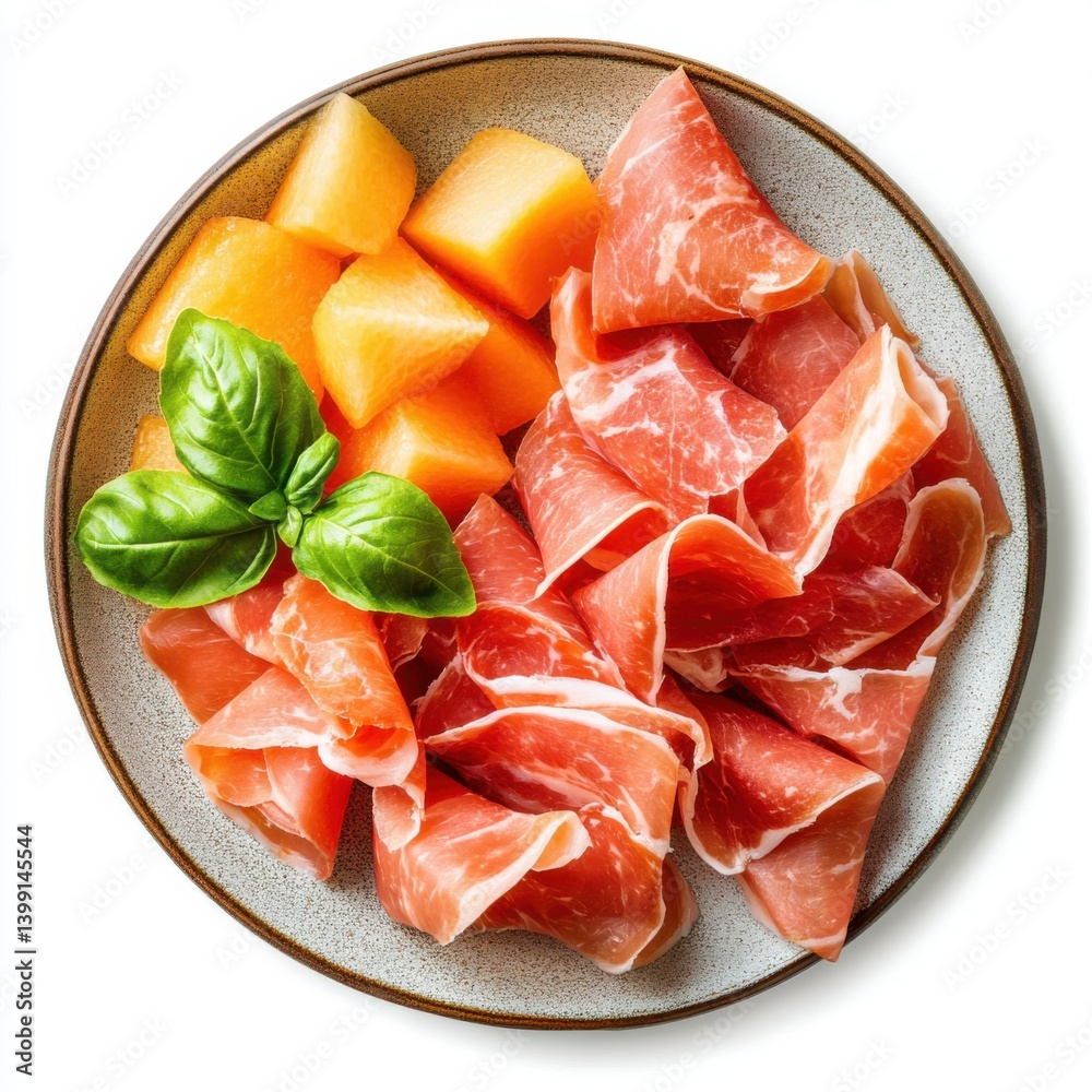 A top view of a plate of prosciutto and melon, isolated on a white background ,