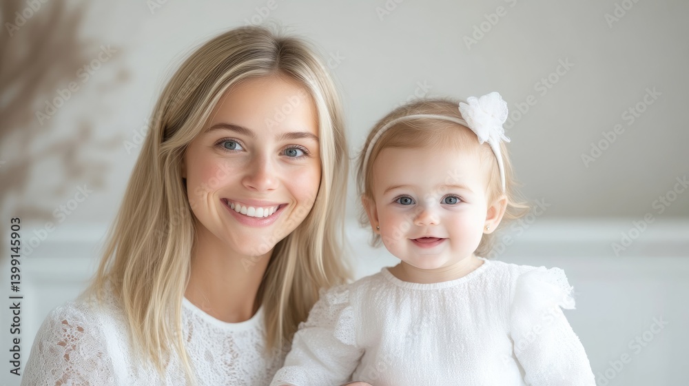A smiling mother and baby sitting together in a cozy home setting, soft natural light illuminating their faces, and tender family moment.