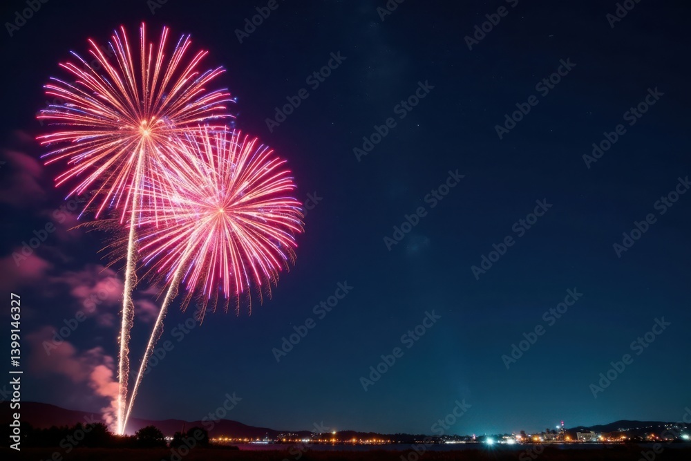 Vibrant fireworks exploding in the night sky with colorful bursts of light and sparks, nighttime, sparkles Vibrant fireworks exploding in the night sky with colorful bursts of light and sparks, nighttime, sparkles
