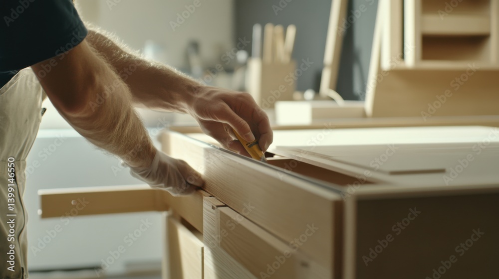 Obraz premium A construction site worker installing a kitchen cabinet. Featuring craftsmanship and attention to detail