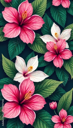 Wallpaper Mural Vibrant pattern of hibiscus and orchid leaves in a tropical design , green, floral Torontodigital.ca