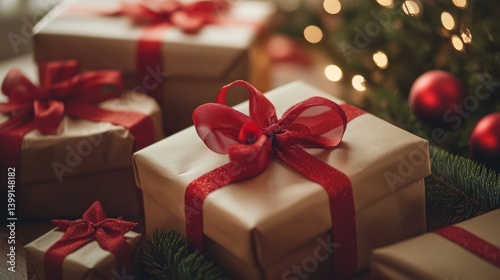 Beautifully wrapped gifts with red bows are featured in this festive image