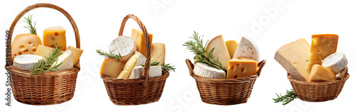 Assorted cheese selection displayed in rustic baskets with herbs.