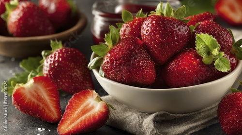 A bowl overflowing with ruby-red strawberries, some whole, others sliced, showcasing their seeds - bright red organic vitamin