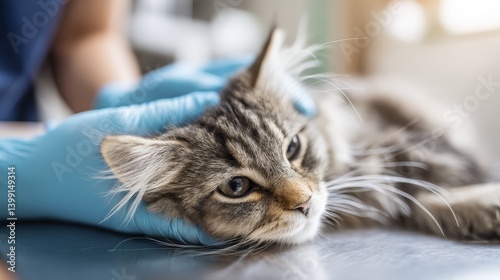 A fluffy kitten receiving gentle medical attention from a caring vet's hands (no person visible) - tiny healing white hospital