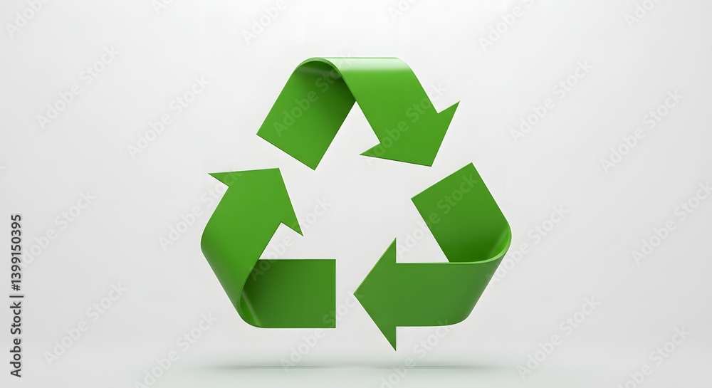 Three-dimensional green recycling symbol with realistic shadow on white background suitable for themes of ecology and sustainability Three-dimensional green recycling symbol with realistic shadow on white background suitable for themes of ecology and sustainability