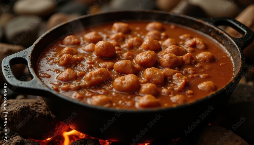 Hearty stew in cast iron pot over fire Hearty stew in cast iron pot over fire