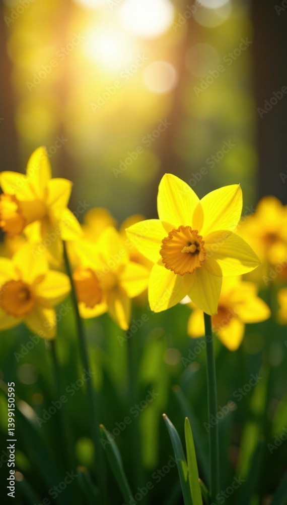 Obraz premium Warm sunlight filters through the field of vibrant yellow daffodil flowers, highlighting their intricate petal details , bloom, field