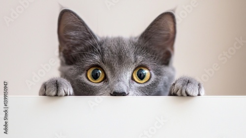 A grey cat with yellow eyes is peeking out from behind a white board photo
