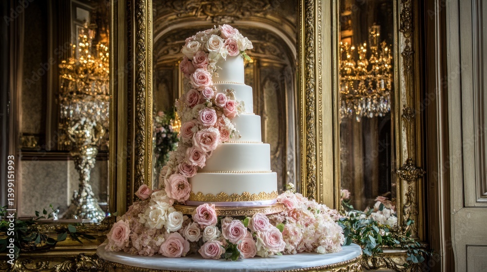 Obraz premium A Beautiful Five Tier Wedding Cake Decorated with Floral Embellishments