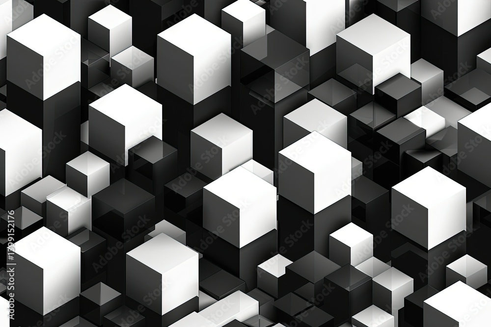 Obraz premium Abstract grayscale 3D rendering of cubes, forming a complex, dense, and textured pattern.