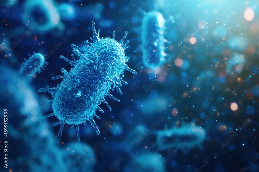 Close up view of several blue viruses with spikes floating in a blue and blurred background Close up view of several blue viruses with spikes floating in a blue and blurred background