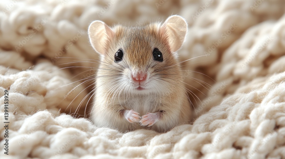 Adorable Little Mouse on Knitted Blanket Adorable Little Mouse on Knitted Blanket