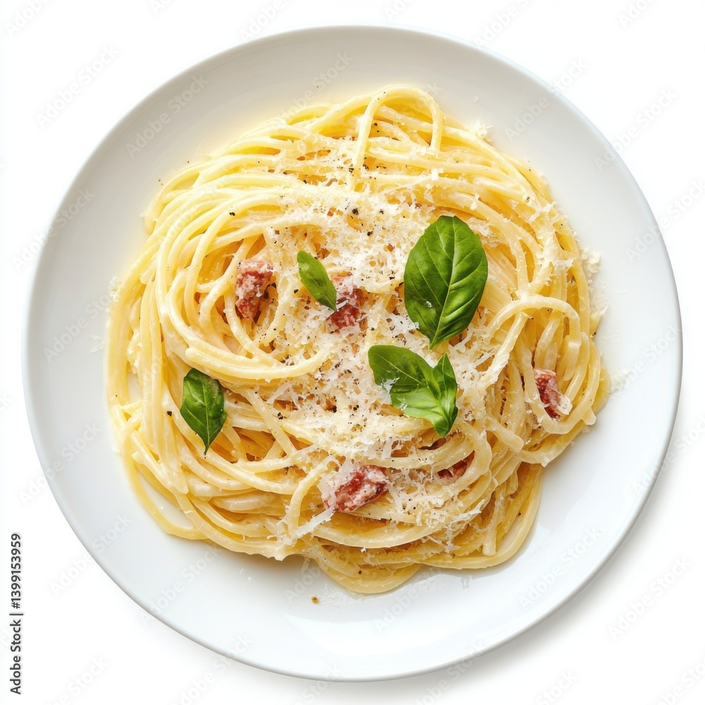 A top view of a plate of spaghetti carbonara with grated parmesan, isolated on a white background , A top view of a plate of spaghetti carbonara with grated parmesan, isolated on a white background ,