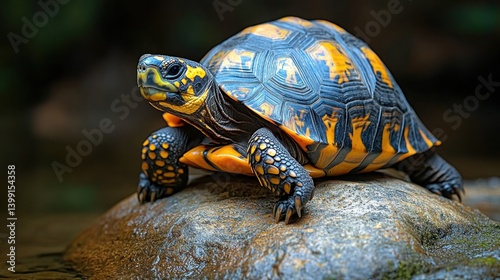 Spectacular Yellow-footed Tortoise on a Rock near Water photo