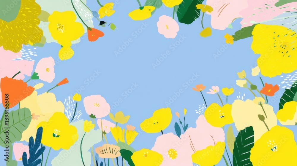 Yellow and pink floral border on blue sky background Yellow and pink floral border on blue sky background