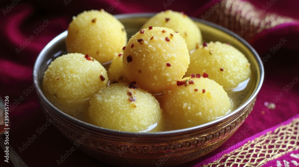 Rich, creamy, cardamom-infused rasgulla in a silver bowl - fluffy yellow silver indulgent celebration Rich, creamy, cardamom-infused rasgulla in a silver bowl - fluffy yellow silver indulgent celebration