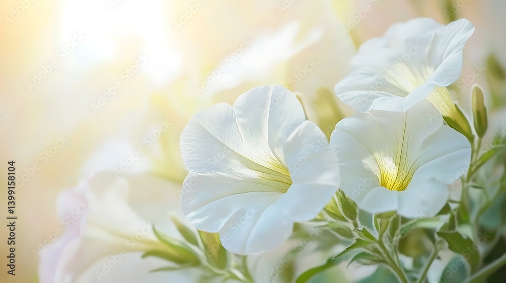 Delicate White Petunias Blooming in Soft Light with Nature Background and Gentle Breeze Delicate White Petunias Blooming in Soft Light with Nature Background and Gentle Breeze
