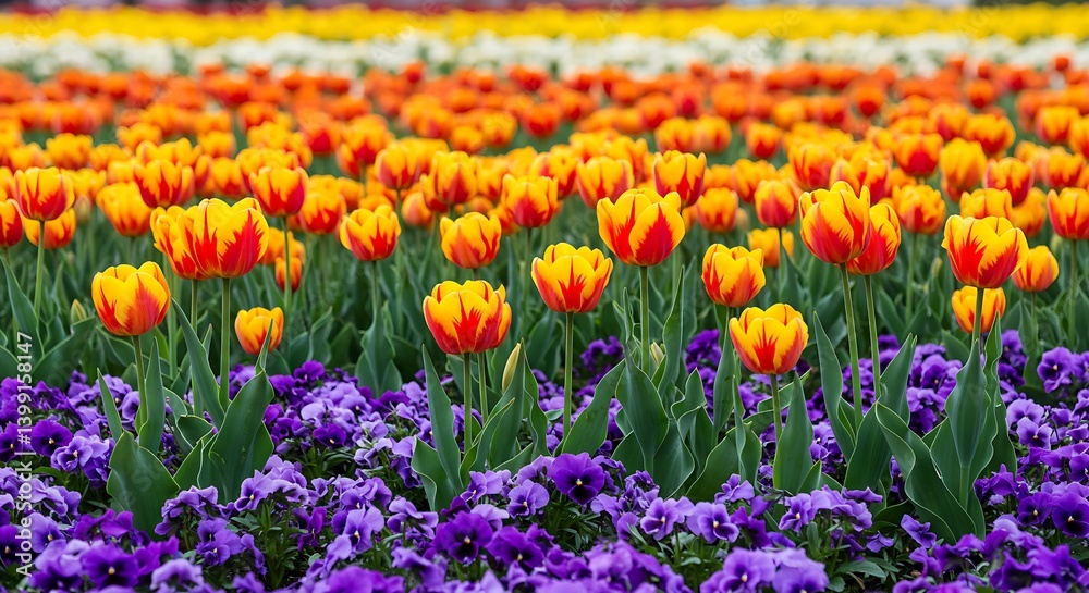 Fototapeta premium Vibrant tulip and violet garden showcases captivating spring floral colors